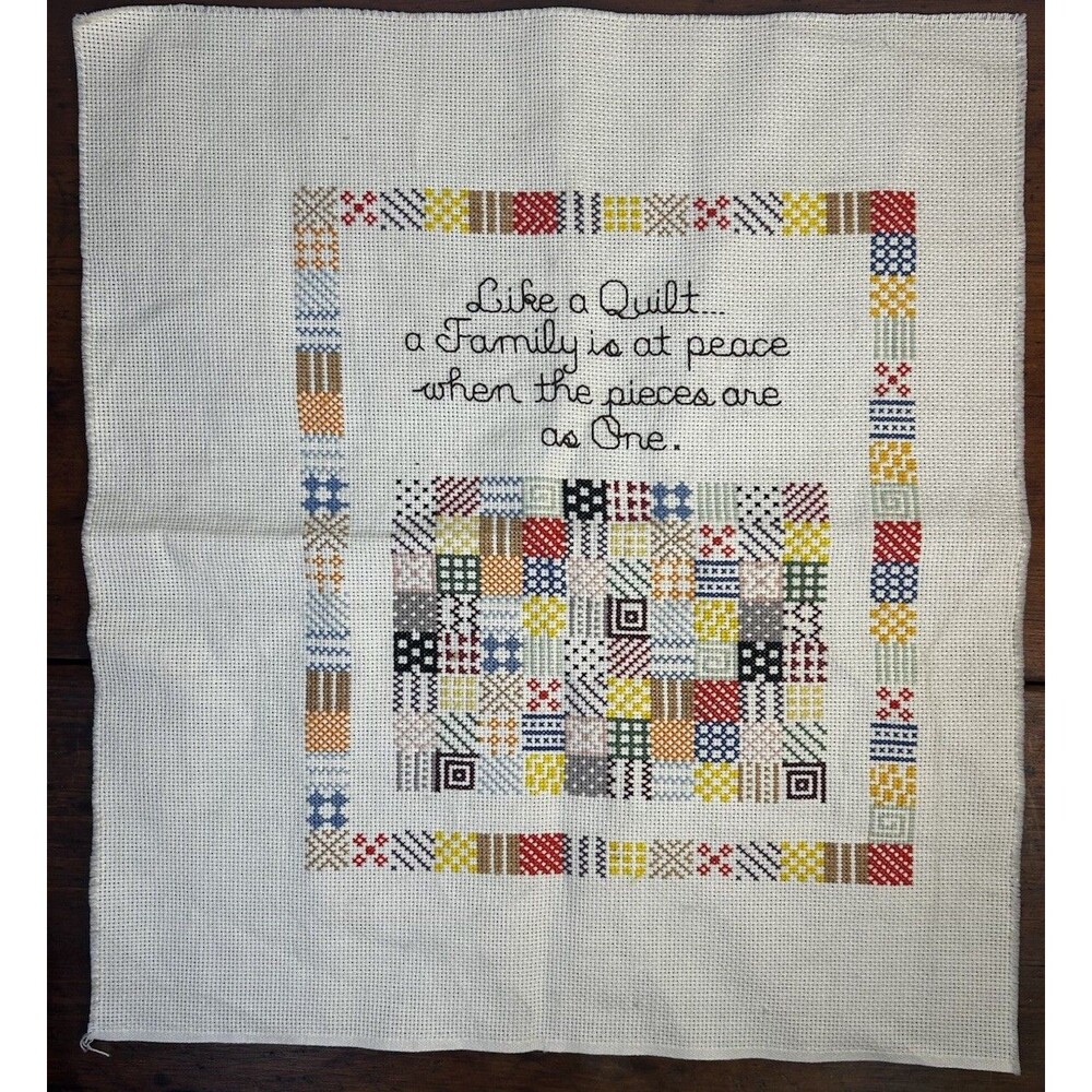 Vintage Unframed Cross Stitch Patchwork Quilt Style Family Like A Quilt Message
